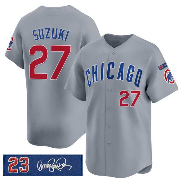 BlackjerseyChicago Cubs #27 Seiya Suzuki Gray  'Ryne Sandberg Tribute' Vapor Limited V3 Stitched Jersey