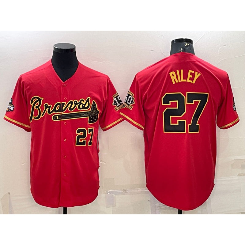 BlackjerseyAtlanta Braves #27 Austin Riley Red Gold  World Series Champions Program Cool Base Stitched Jersey