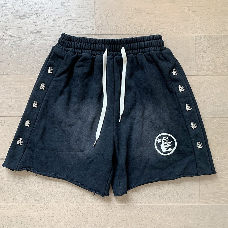 New Style Washed Distressed Casual Shorts with Flame Short