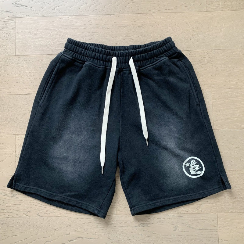 New Style Washed Distressed Casual Shorts with Flame Short