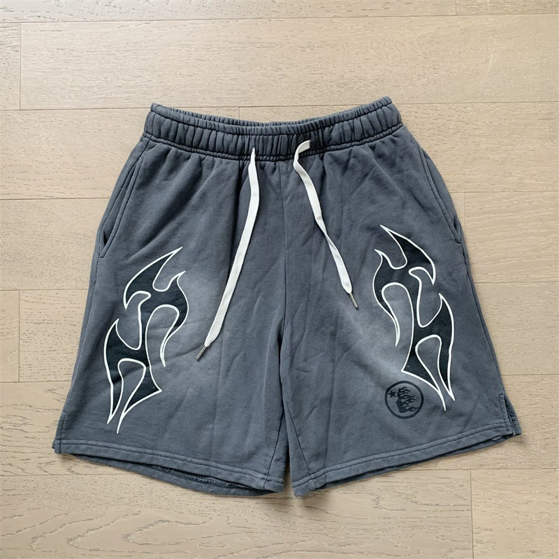 New Style Washed Distressed Casual Shorts with Flame Short