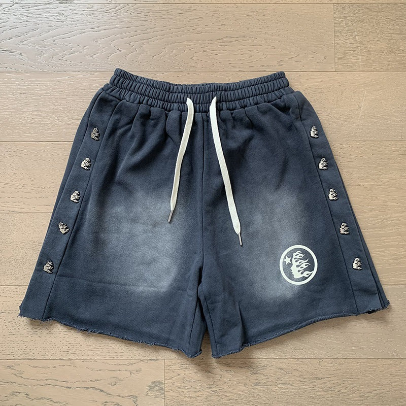 New Style Washed Distressed Casual Shorts with Flame Short