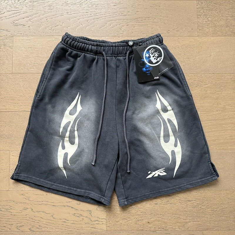 New Style Washed Distressed Casual Shorts with Flame Short