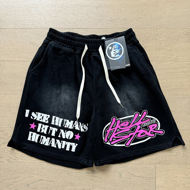 New Style Washed Distressed Casual Shorts with Flame Short