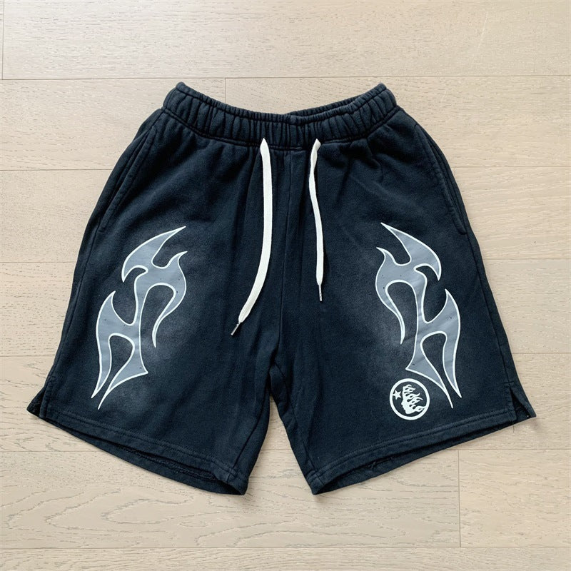 New Style Washed Distressed Casual Shorts with Flame Short