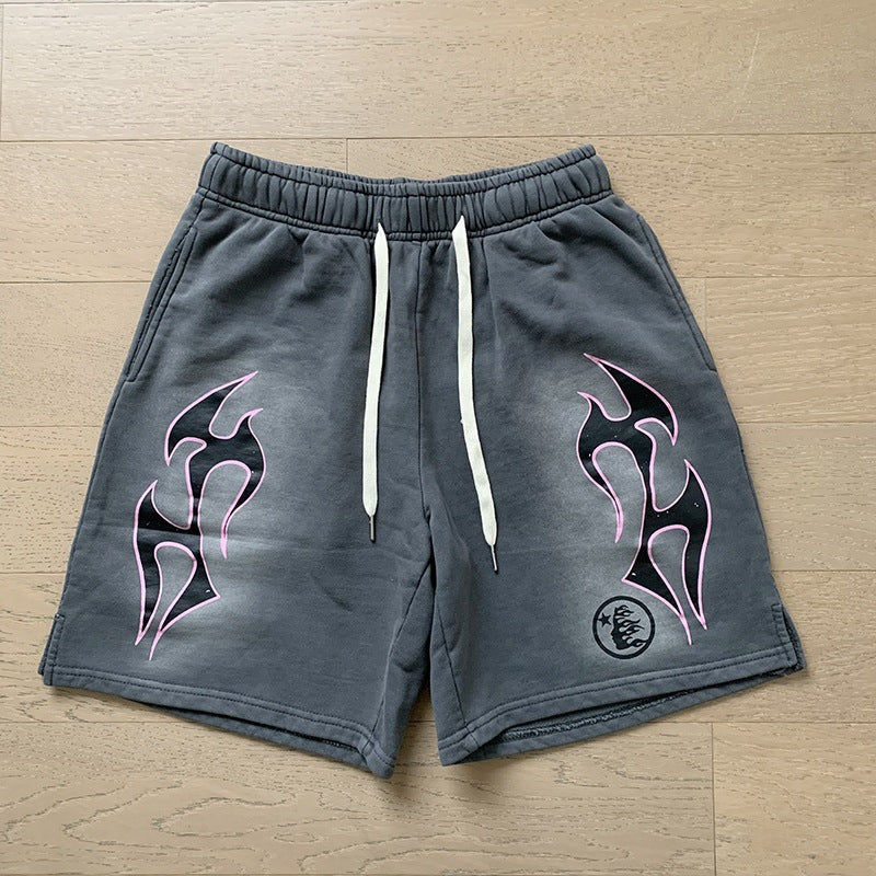 New Style Washed Distressed Casual Shorts with Flame Short