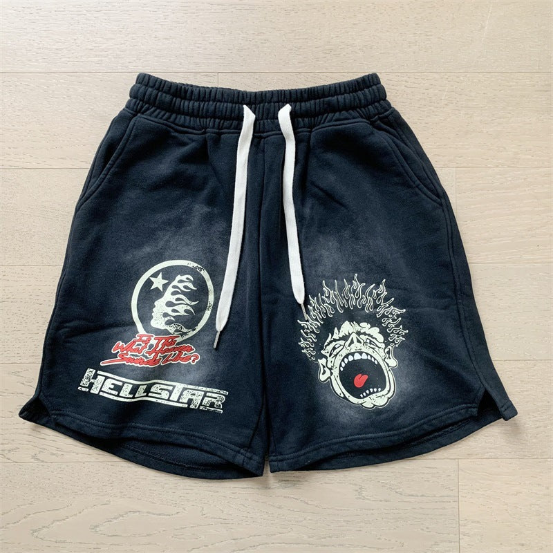 New Style Washed Distressed Casual Shorts with Flame Short