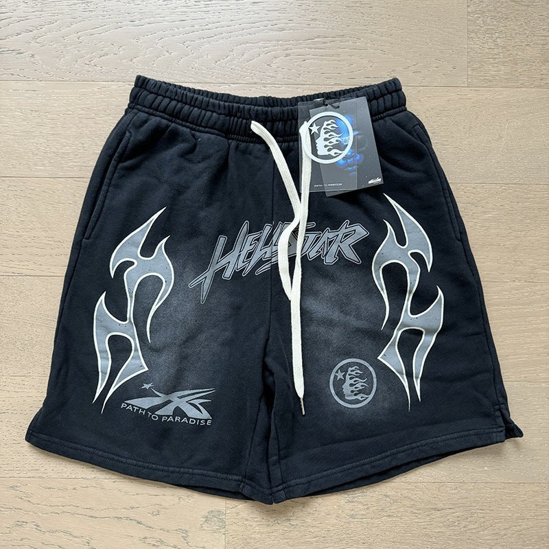 New Style Washed Distressed Casual Shorts with Flame Short