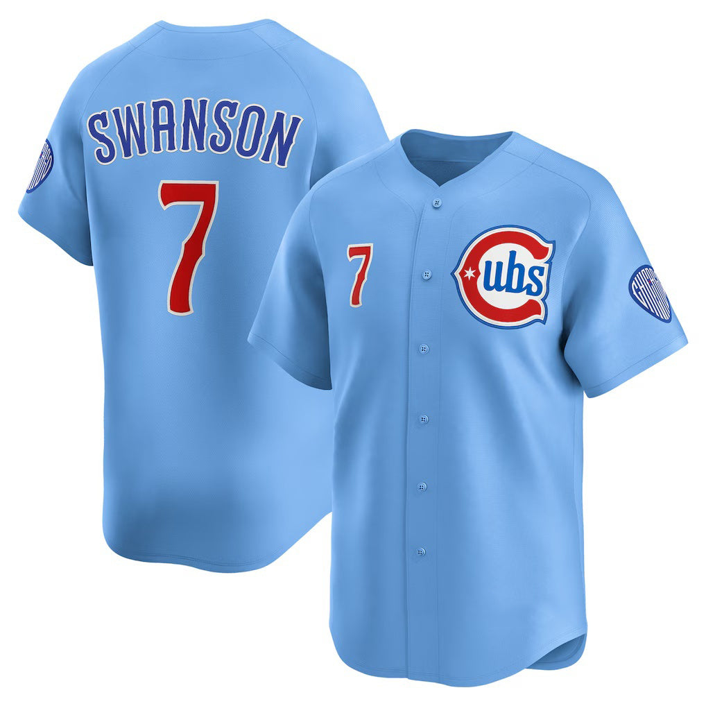 BlackjerseyChicago Cubs #7 Dansby Swanson Baby Blue  2nd Alternate Limited Player Jersey