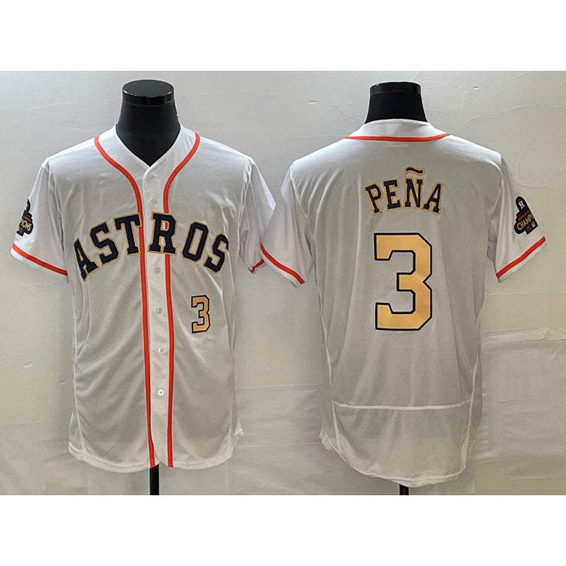 Blackjersey Houston Astros #3 Jeremy Pena Number 2023 White Gold  World Serise Champions Patch Flex Base Stitched Jersey 2