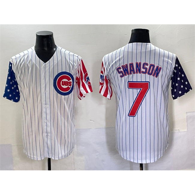 BlackjerseyChicago Cubs #7 Dansby Swanson White  Pinstripe 2025 Independence Day Vapor Premier Limited Stitched Jersey