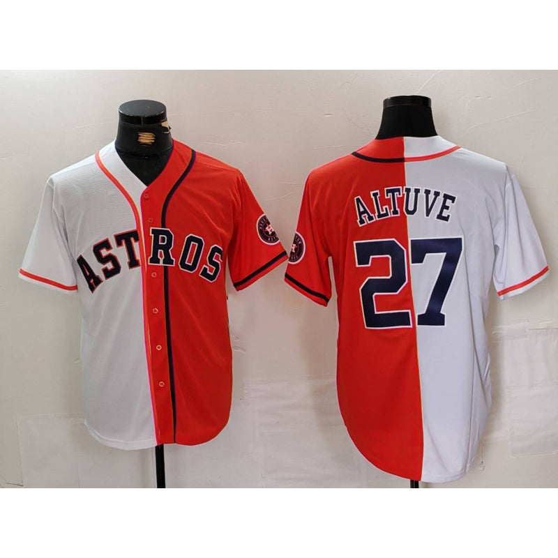 Blackjersey Houston Astros #27 Jose Altuve White Orange  Blue Number Split Stitched Jersey 2