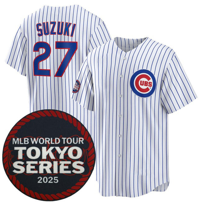 BlackjerseyChicago Cubs #27 Seiya Suzuki White  2025 World Tour Tokyo Series Home Stitched Jersey
