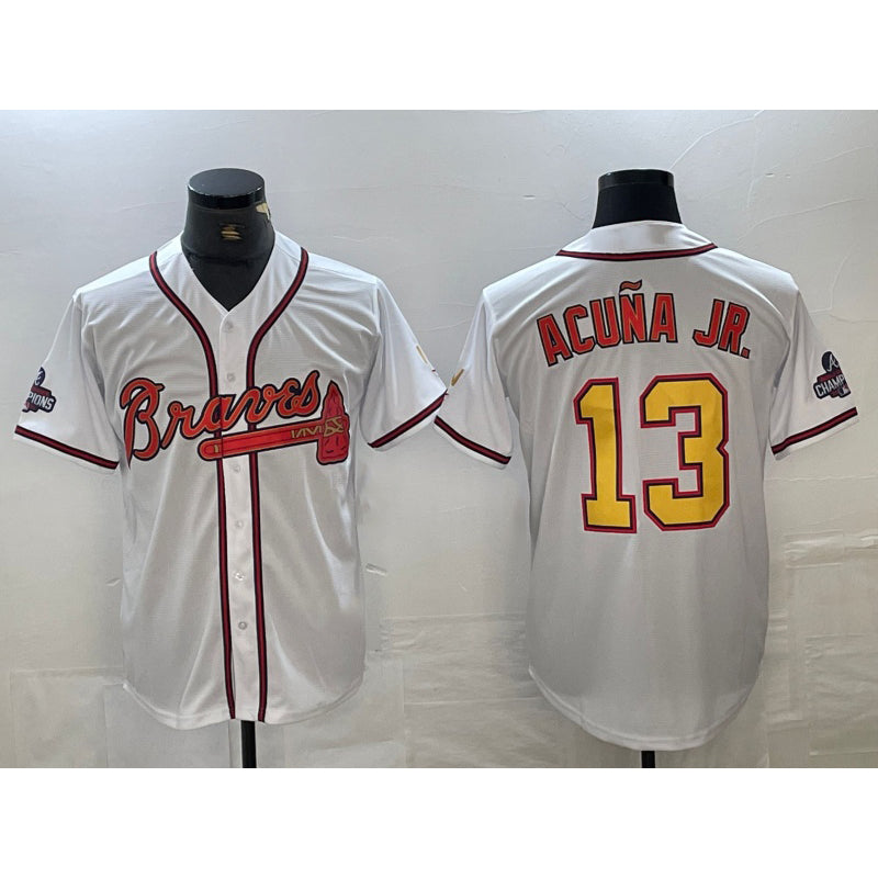 BlackjerseyAtlanta Braves #13 Ronald Acuna Jr White Gold  2021 World Series Champions Stitched Cool Base Jersey