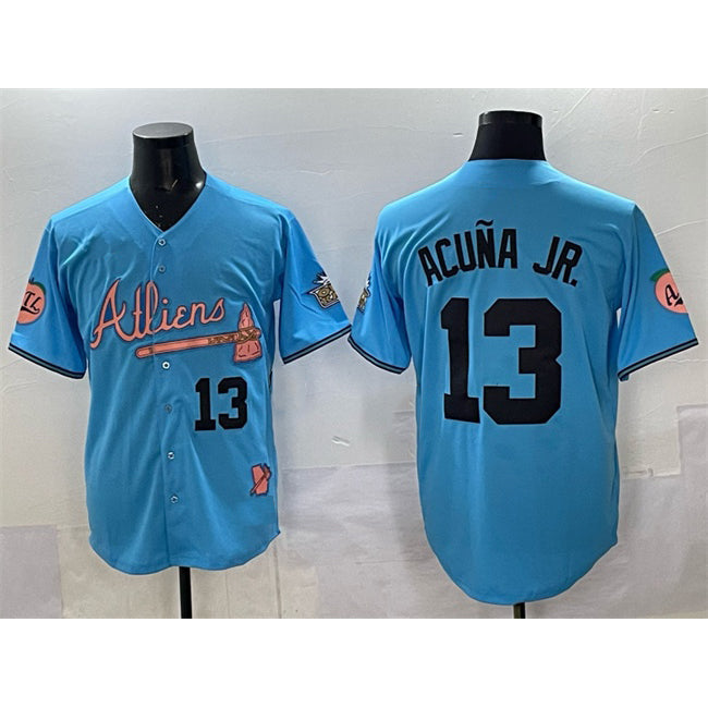 BlackjerseyAtlanta Braves #13 Ronald Acuna Jr. Blue  2024 Atliens & Peach With Outkast Patch Vapor Limited Stitched Jersey