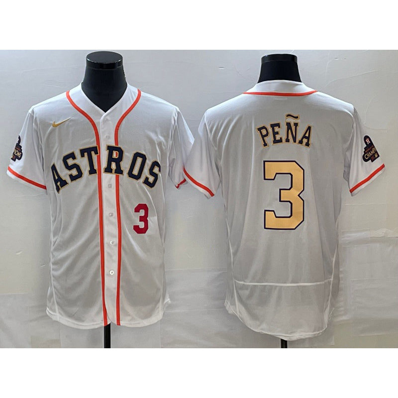 Blackjersey Houston Astros #3 Jeremy Pena Number 2023 White Gold  World Serise Champions Patch Flex Base Stitched Jersey