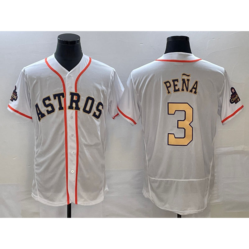Blackjersey Houston Astros #3 Jeremy Pena 2023 White Gold  World Serise Champions Patch Flex Base Stitched Jersey