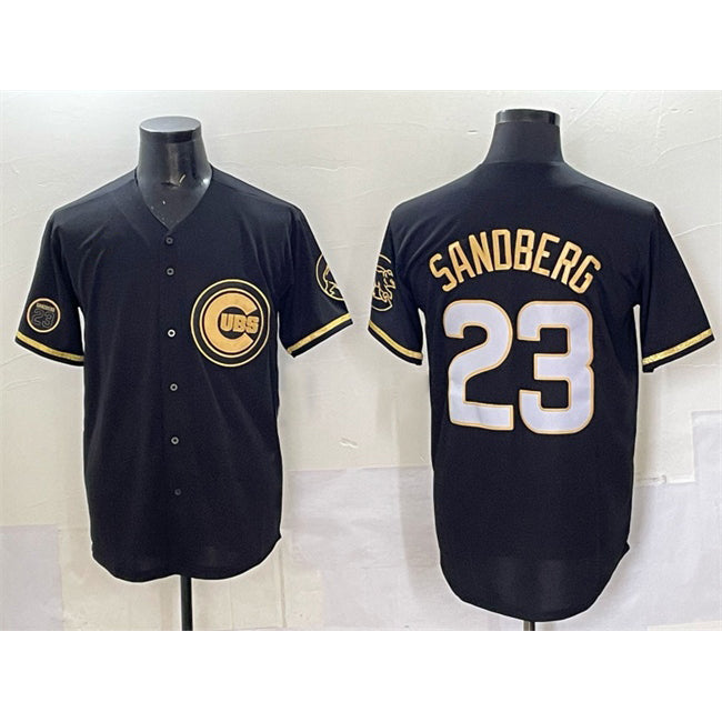 BlackjerseyChicago Cubs #23 Ryne Sandberg Black  Gold 'Ryne Sandberg Tribute' Vapor Limited V2 Stitched Jersey