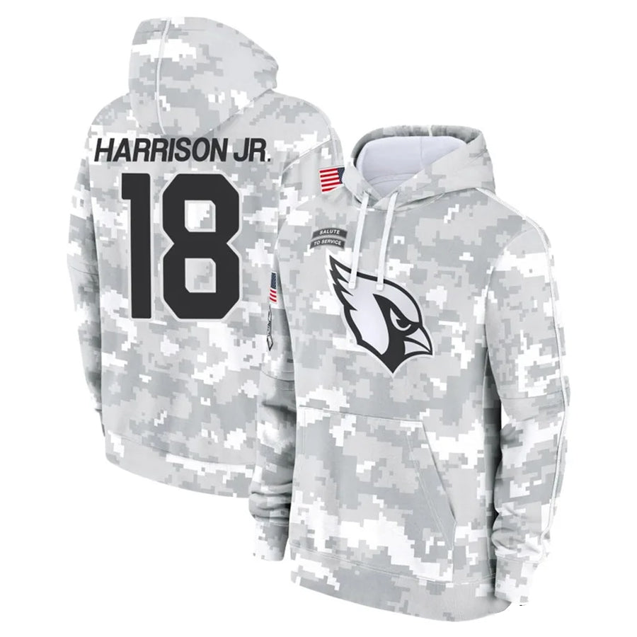 Blackjersey A.Cardinals #18 Marvin Harrison Jr. Player Camo Salute to Service Hoodies Stitched Jerseys