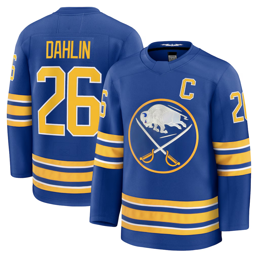 Blackjersey B.Sabres #26 Rasmus Dahlin Royal Premium with Captain's Patch Stitched Jerseys
