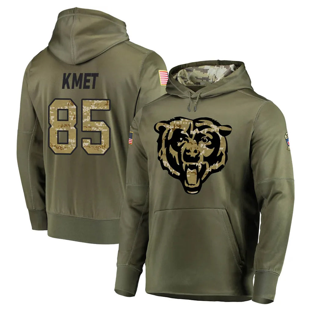 Blackjersey C.Bears #85 Cole Kmet Player Olive Salute to Service Pullover Hoodies Home Game Stitched Jerseys