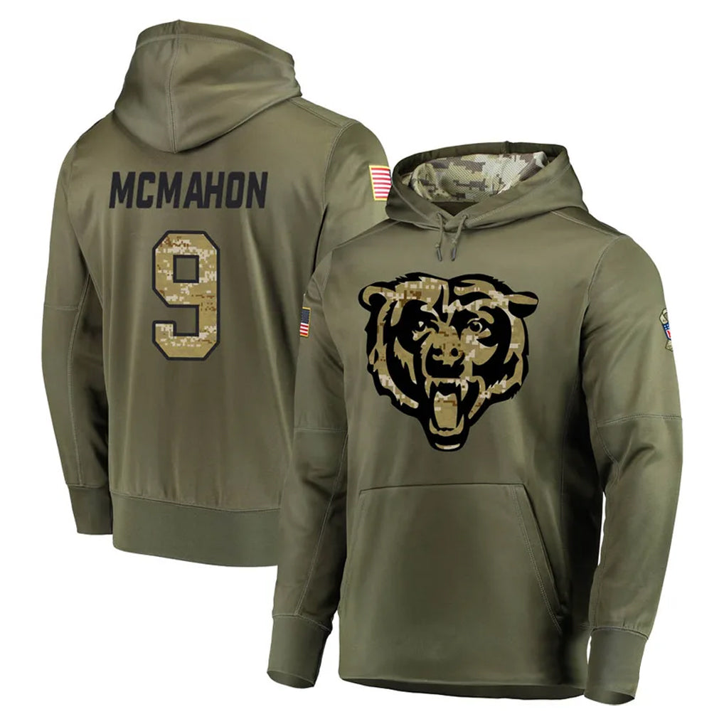 C.Bears #9 Jim McMahon Player Olive Blackjersey Salute to Service Pullover Hoodies Home Game Stitched Jerseys