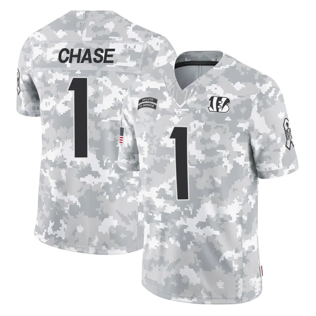 Blackjersey C.Bengals #1 Ja'Marr Chase Player Arctic Camo Salute to Service Limited Stitched Jerseys