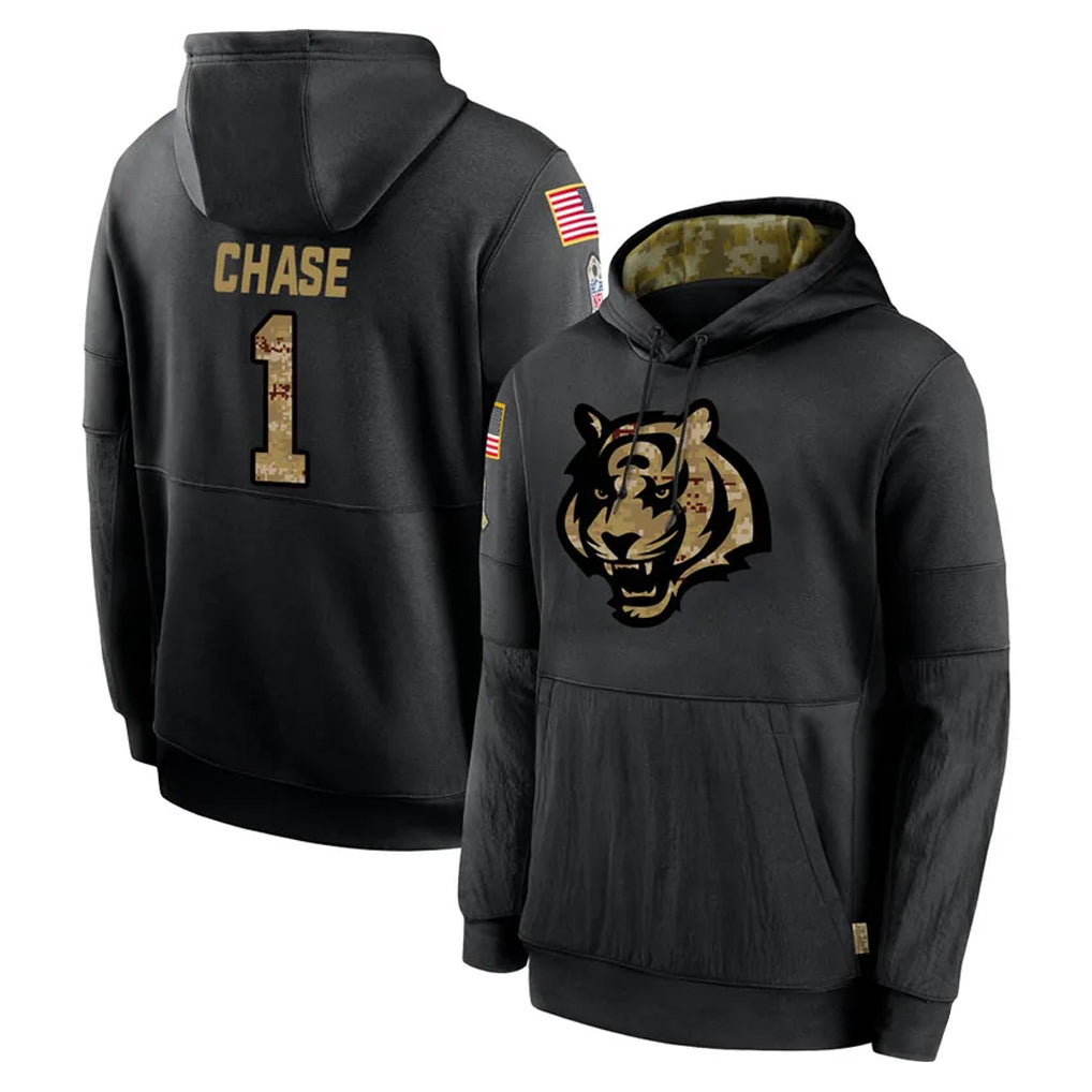 Blackjersey C.Bengals #1 Ja'Marr Chase Player Black Salute to Service Pullover Hoodies Limited Stitched Jerseys