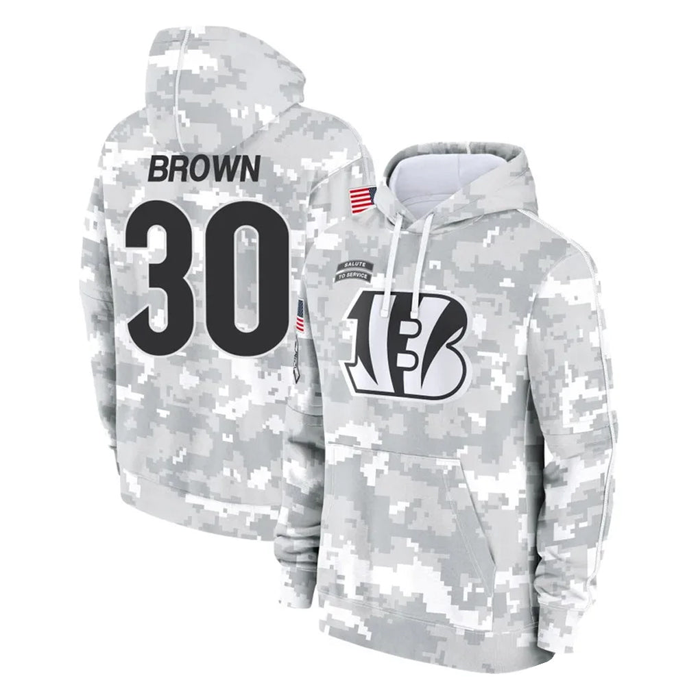Blackjersey C.Bengals #30 Chase Brown Player Arctic Camo Salute to Service Pullover Hoodie Limited Stitched Jerseys