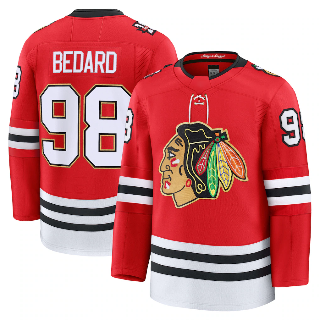 Blackjersey C.Blackhawks #98 Connor Bedard Red Centennial Premium Player Jerseys