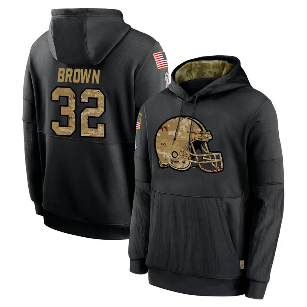 Blackjersey C.Browns #32 Jim Brown Player Black Salute to Service Pullover Hoodies Limited Stitched Jerseys