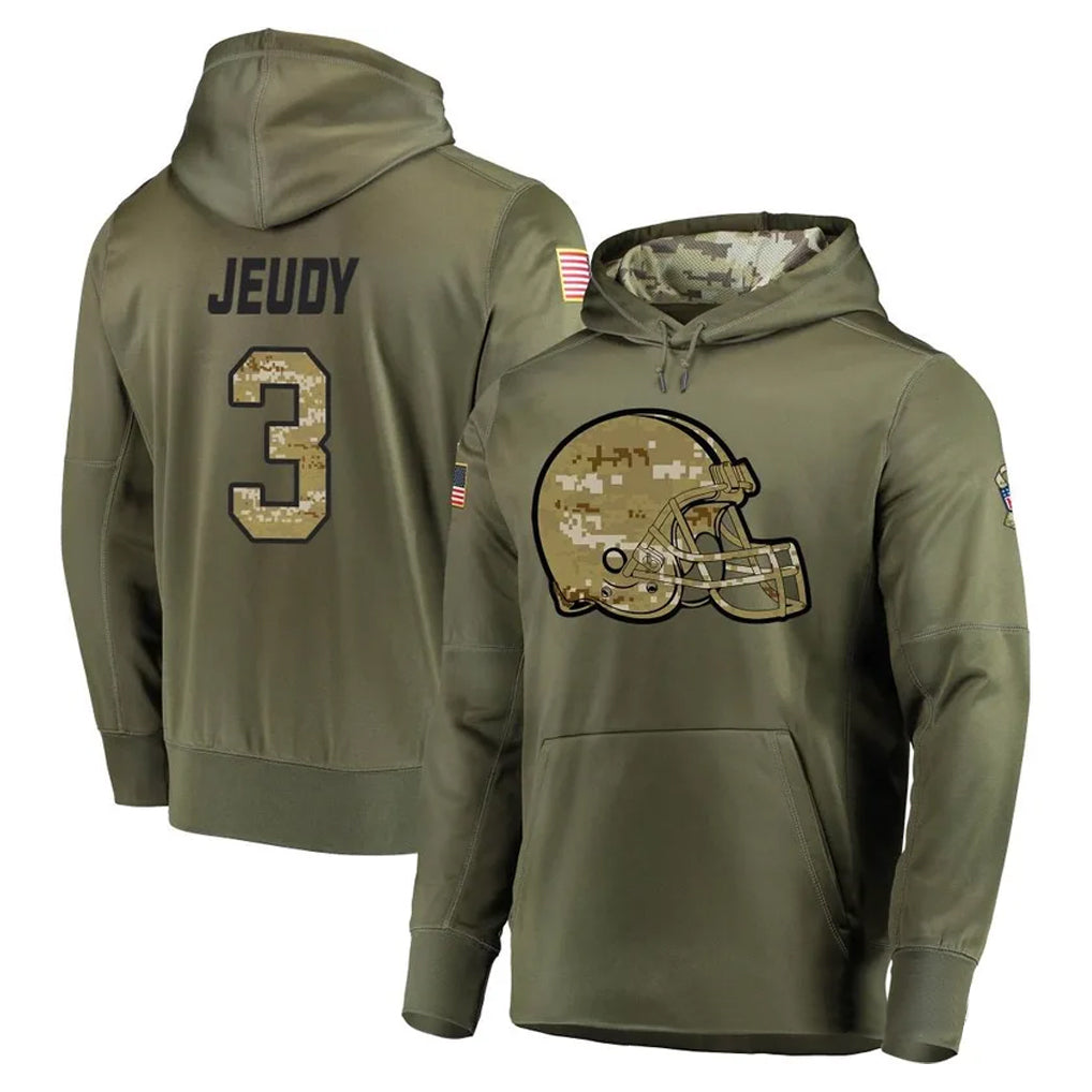 Blackjersey C.Browns #3 Jerry Jeudy Player Olive Salute to Service Pullover Hoodies Home Game Stitched Jerseys