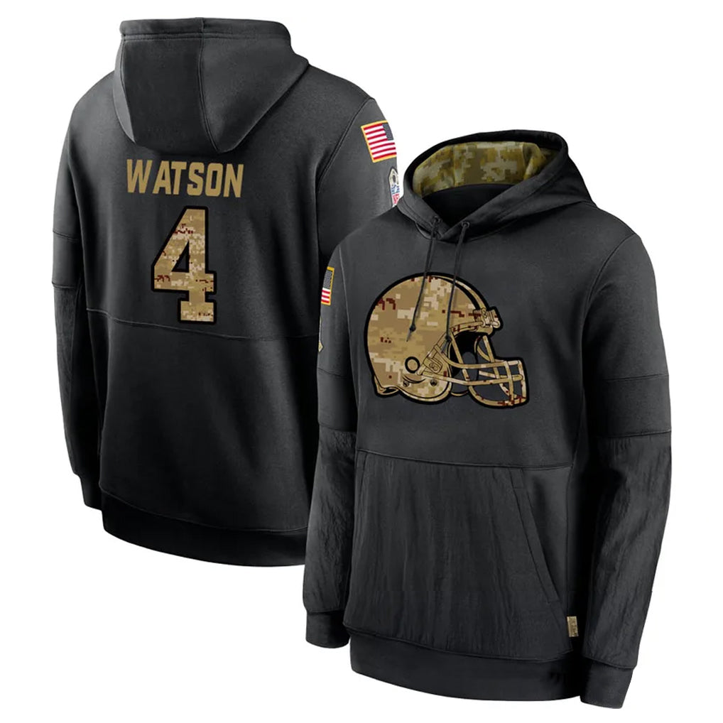 Blackjersey C.Browns #4 Deshaun Watson Player Black Salute to Service Pullover Hoodies Limited Stitched Jerseys