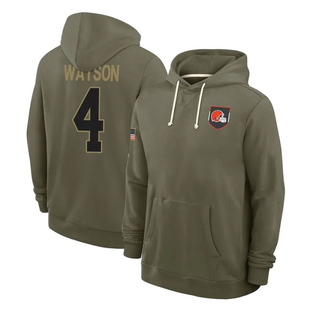 Blackjersey C.Browns #4 Deshaun Watson Player Olive Salute to Service Pullover Hoodies Limited Stitched Jerseys