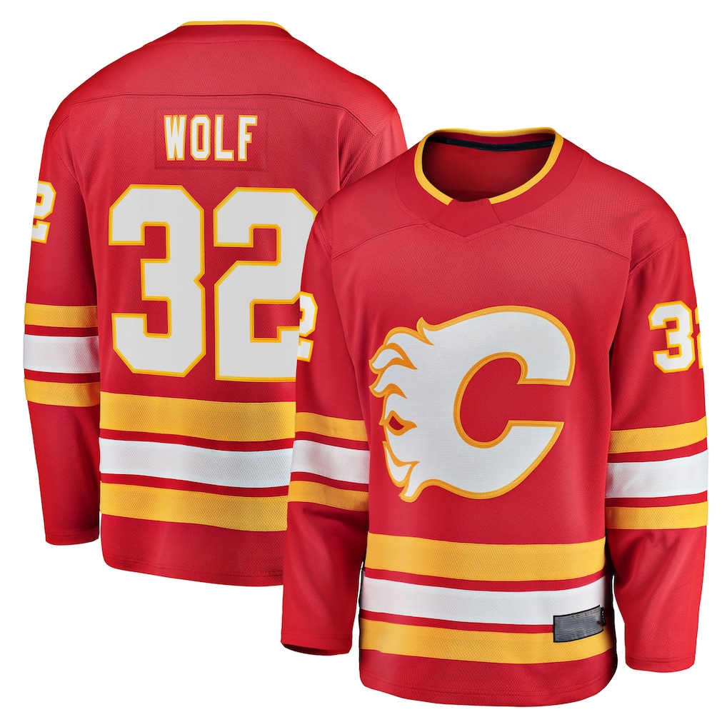 Blackjersey C.Flames #32 Dustin Wolf Red Home Breakaway Jerseys