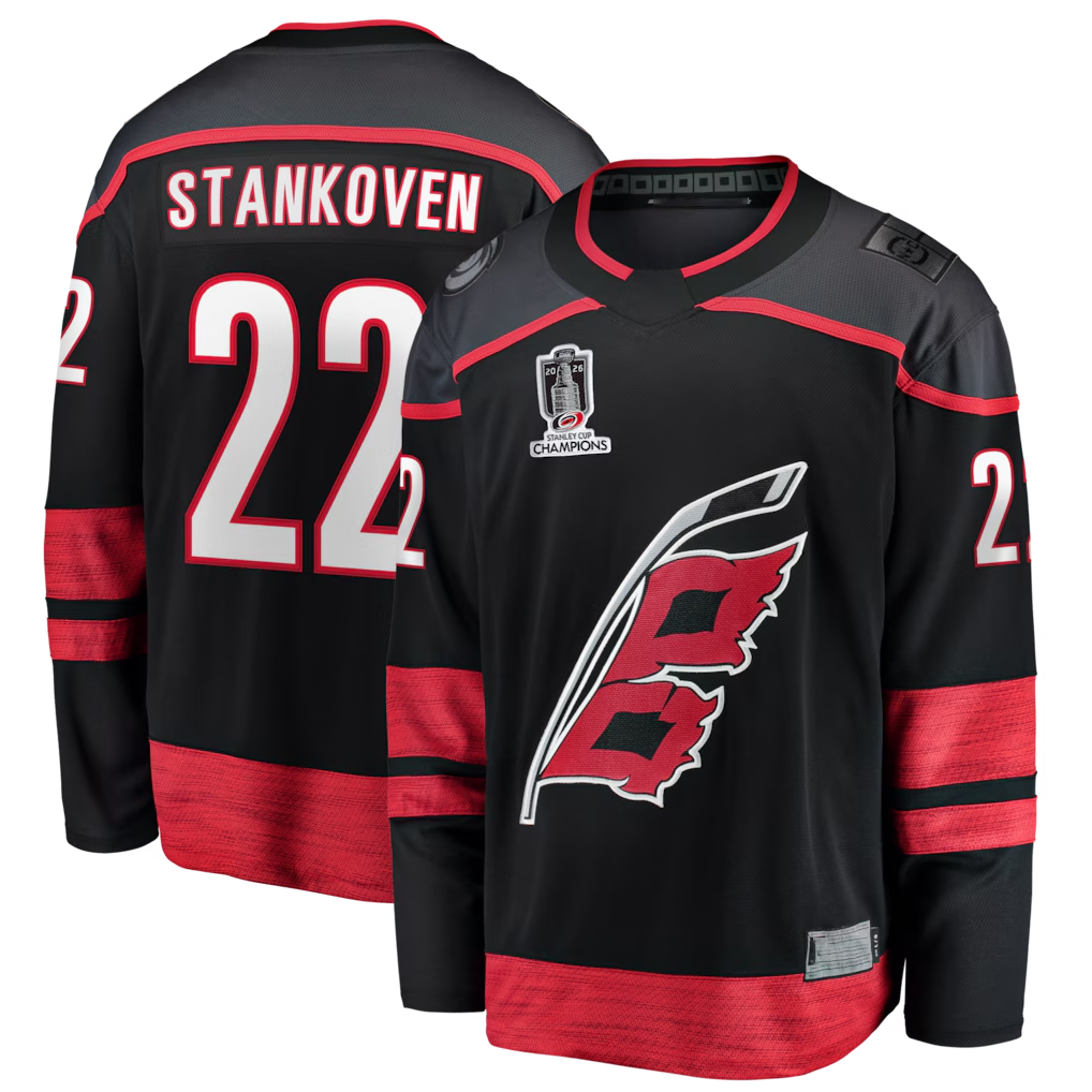 Blackjersey C.Hurricanes #22 Logan Stankoven Black 2026 Stanley Cup Champions Home Breakaway Stitched Jerseys