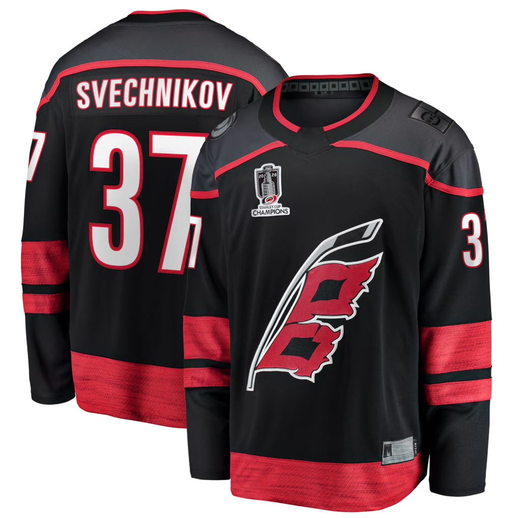 Blackjersey C.Hurricanes #37 Andrei Svechnikov Black 2026 Stanley Cup Champions Home Breakaway Stitched Jerseys