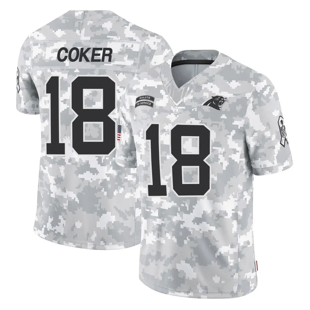 Blackjersey C.Panthers #18 Jalen Coker Player Arctic Camo Salute to Service Limited Game Stitched Jerseys