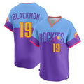 Blackjersey C.Rockies #19 Charlie Blackmon Player Purple-Light Blue City Connect Limited Home T-shirt Stitched Jerseys
