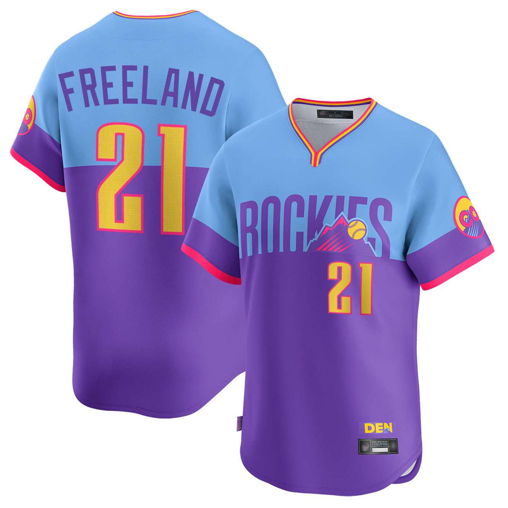Blackjersey C.Rockies #21 Kyle Freeland Player Purple-Light Blue City Connect Limited Home T-shirt Stitched Jerseys