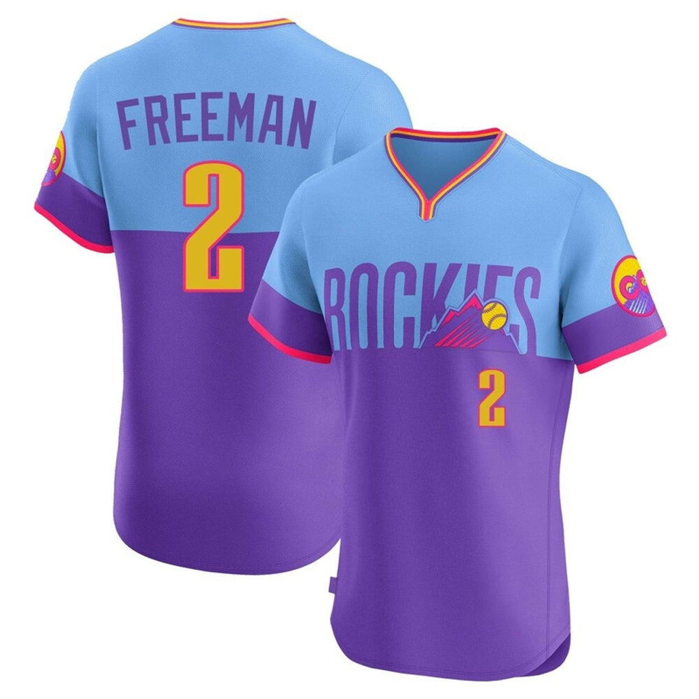 Blackjersey C.Rockies #2 Tyler Freeman Player Purple-Light Blue City Connect Limited Elite Home T-shirt Stitched Jerseys