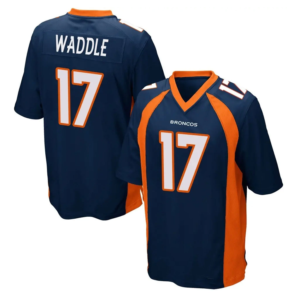 Blackjersey D.Broncos #17 Jaylen Waddle Player Navy Game Stitched Jerseys