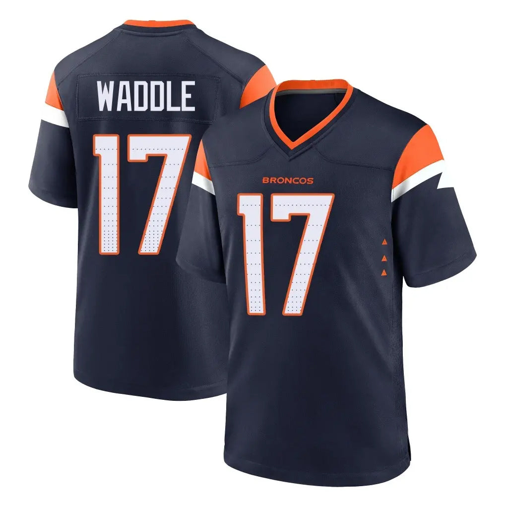 Blackjersey D.Broncos #17 Jaylen Waddle Player Navy Home Game Stitched Jerseys