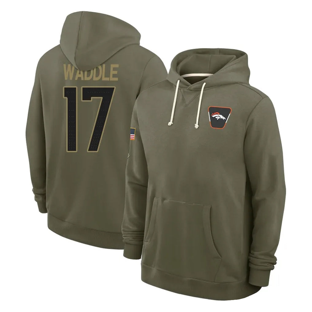 Blackjersey D.Broncos #17 Jaylen Waddle Player Olive Salute to Service Pullover Hoodies Limited Stitched Jerseys