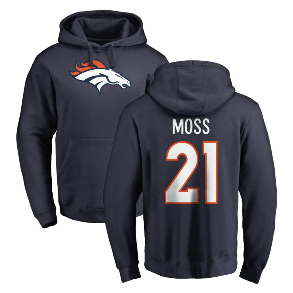 Blackjersey D.Broncos #21 Riley Moss Player Navy Pullover Hoodie Limited Stitched Jerseys