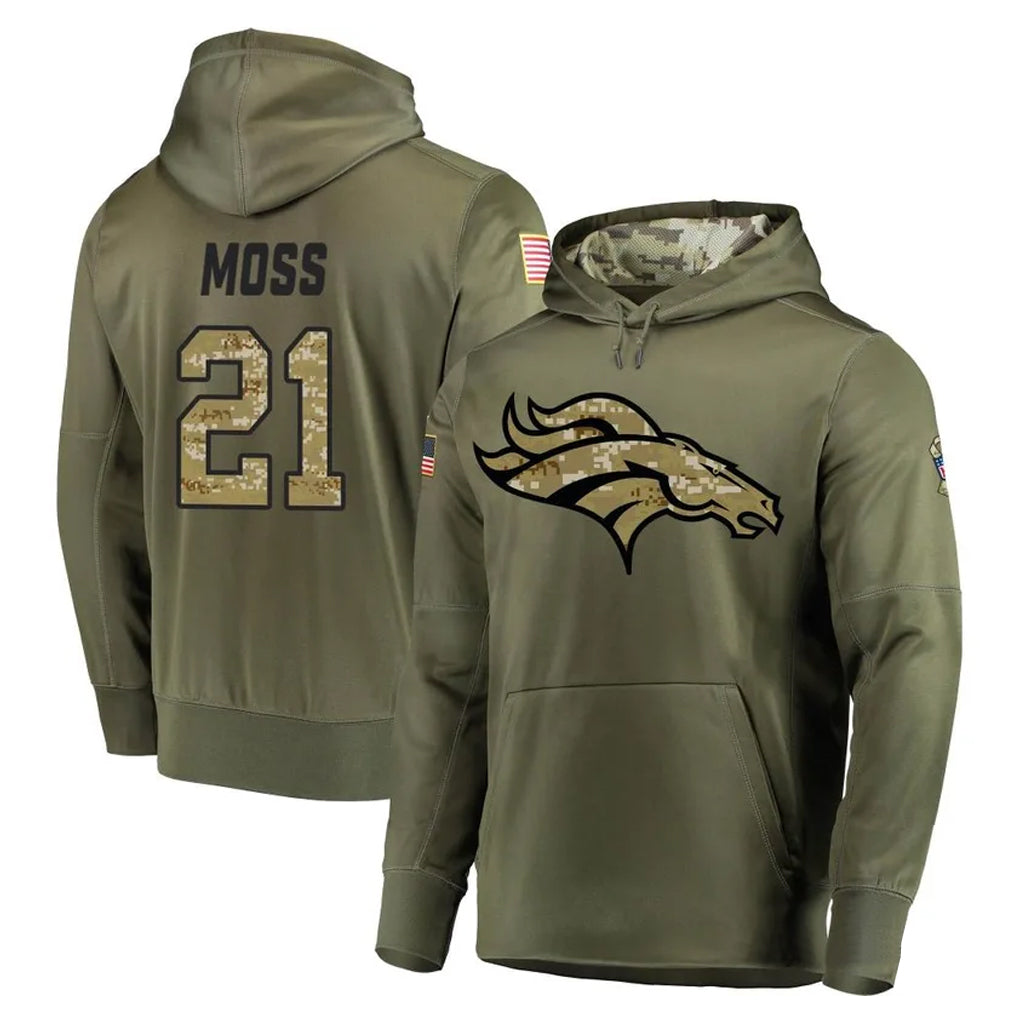 Blackjersey D.Broncos #21 Riley Moss Player Olive Salute to Service Pullover Hoodies Home Game Stitched Jerseys