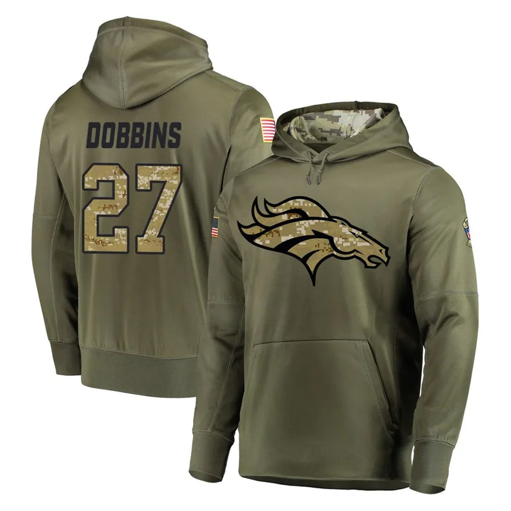 Blackjersey D.Broncos #27 J.K. Dobbins Player Olive Salute to Service Pullover Hoodies Home Game Stitched Jerseys