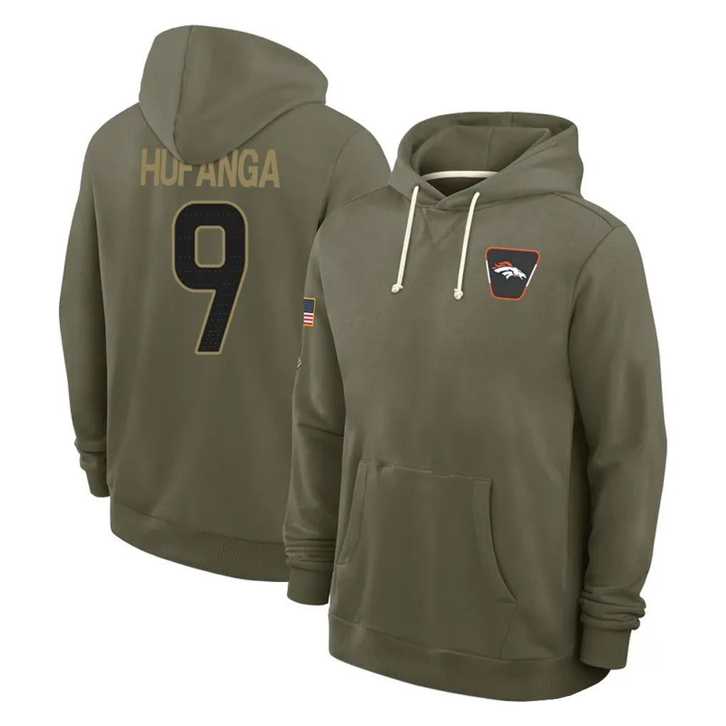 Blackjersey D.Broncos #9 Talanoa Hufanga Player Olive Salute to Service Pullover Hoodies Limited Stitched Jerseys