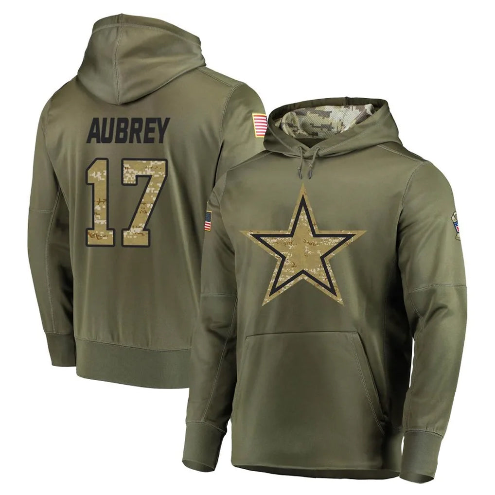 Blackjersey D.Cowboys #17 Brandon Aubrey Player Olive Salute to Service Pullover Hoodies Home Game Stitched Jerseys