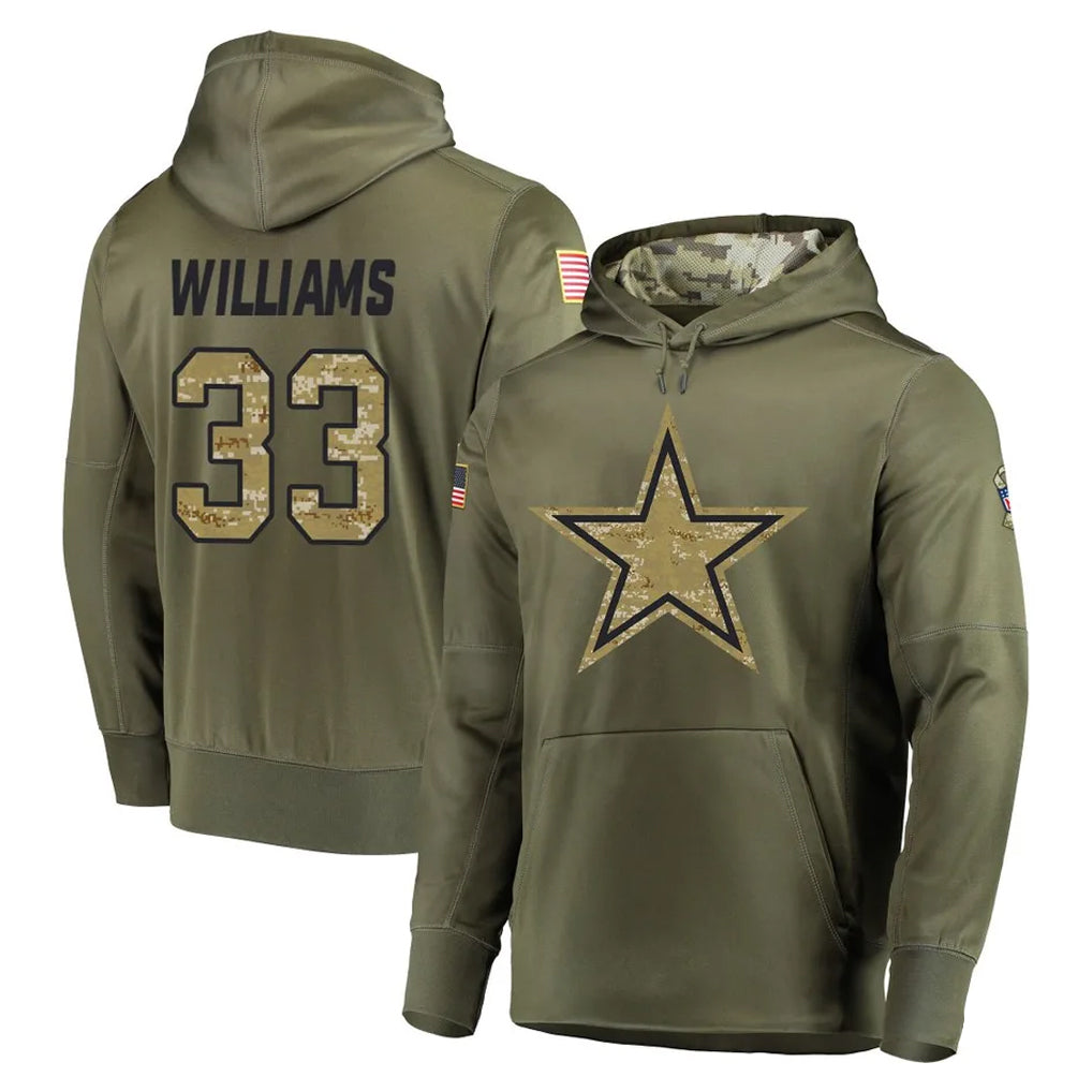 Blackjersey D.Cowboys #33 Javonte Williams Player Olive Salute to Service Pullover Hoodies Home Game Stitched Jerseys